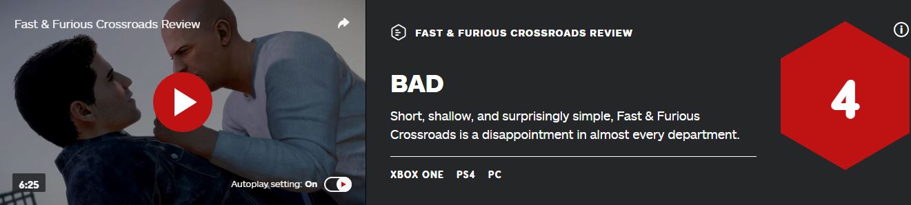 《玩命关头：十字路口》IGN 4分：全方位让人失望的作品