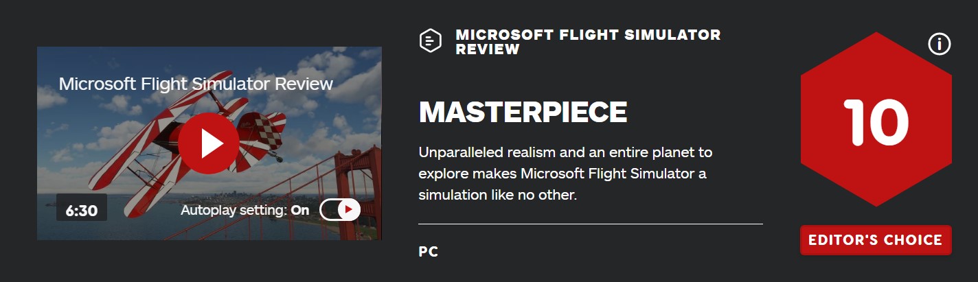 《微软飞行模拟》IGN 10分大师之作 M站均分94：必玩