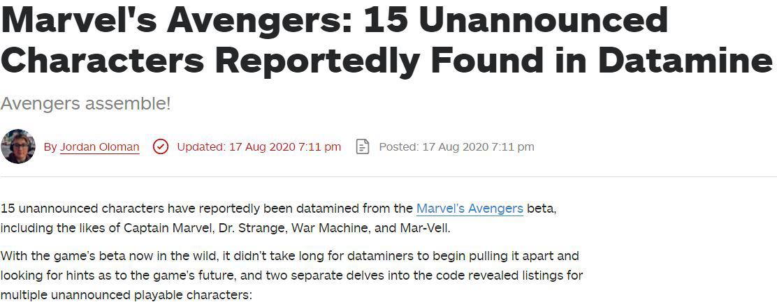 数据挖掘显示《漫威复仇者联盟》15个未公开角色