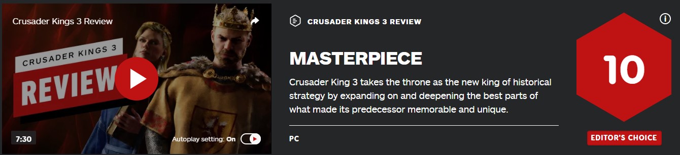《十字军之王3》IGN 10分：大师级别策略大作