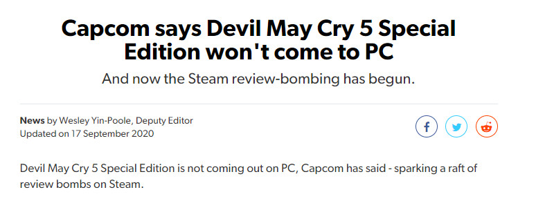 《鬼泣5特别版》不会登陆PC Steam迎来差评轰炸