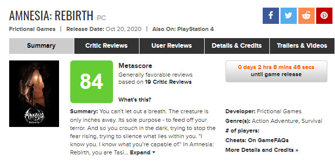 《失忆症：重生》媒体评分出炉 IGN 8分
