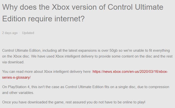 与PS4版压缩方式不同 《控制：终极合集》Xbox光盘版需额外联网