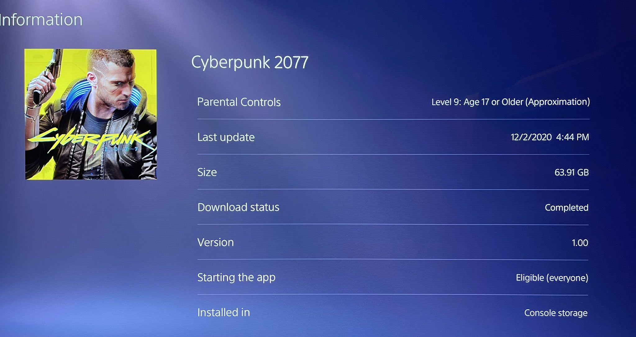 《赛博朋克2077》已偷跑 PS4版实际容量为63.91GB