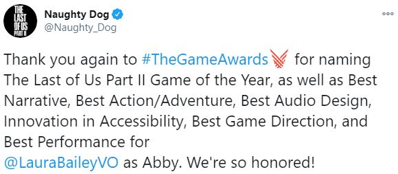 顽皮狗发布贺图 感谢TGA颁发给《最后生还者2》的奖项