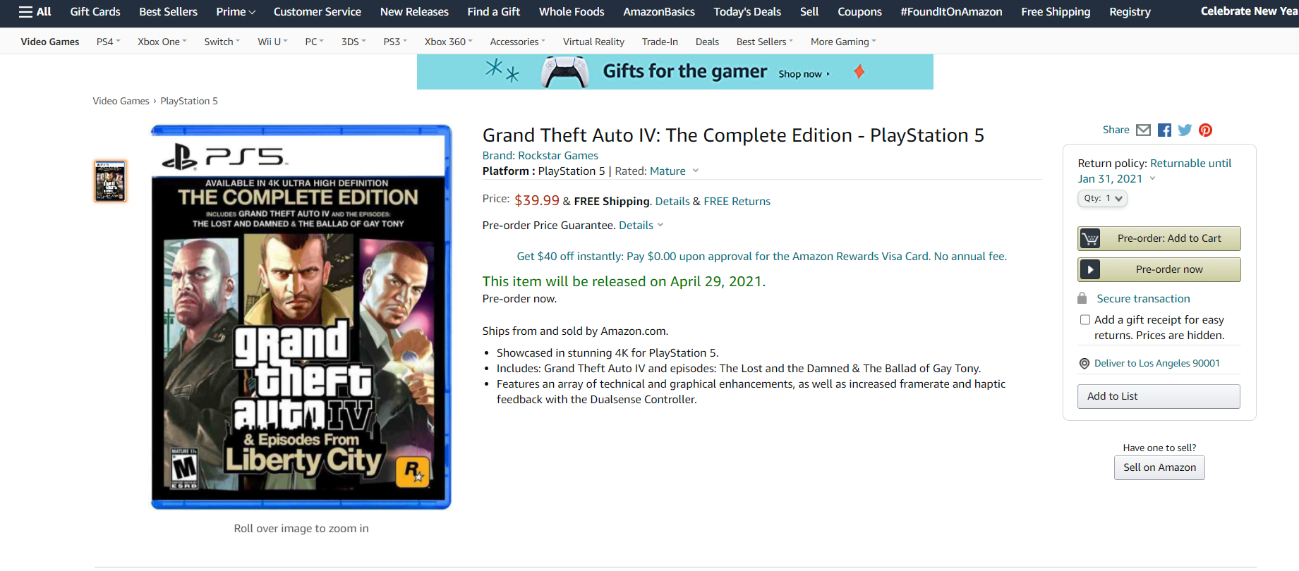 PS5版《GTA4》完整版短暂上架亚马逊 售价260元