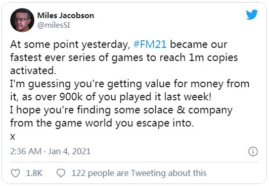 《足球经理2021》成系列最快突破100万销量游戏