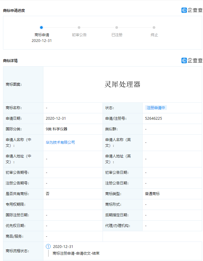 华为申请“灵犀芯片”和“灵犀处理器”新商标