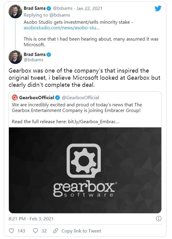微软本打算收购Gearbox工作室 但最终放弃了