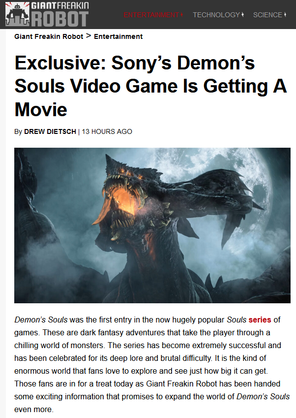 传闻：索尼正计划为《恶魔之魂》开发大型电影项目