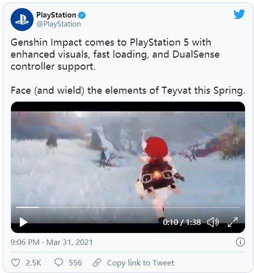 《原神》PS5版今春发售 支持4K、60帧