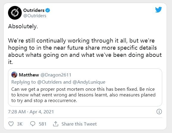 开发者将会分享关于《Outriders》发行不顺利的“具体细节”