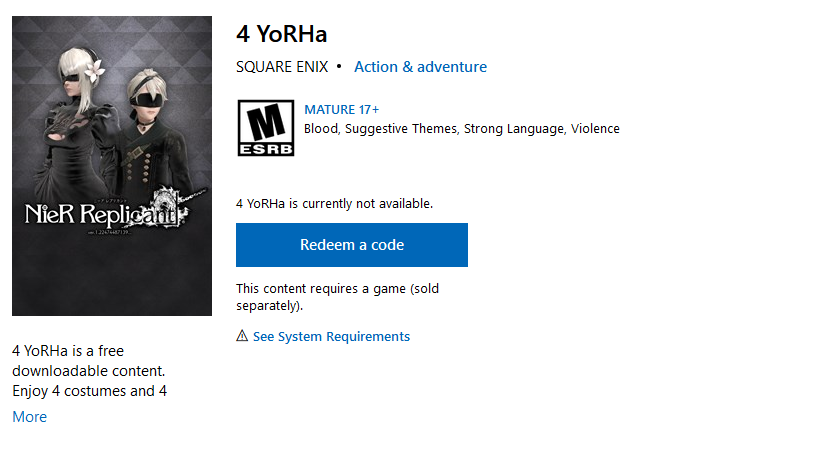 微软商城泄露《尼尔 伪装者》免费DLC“4 YoRHa” 与《机械纪元》有关