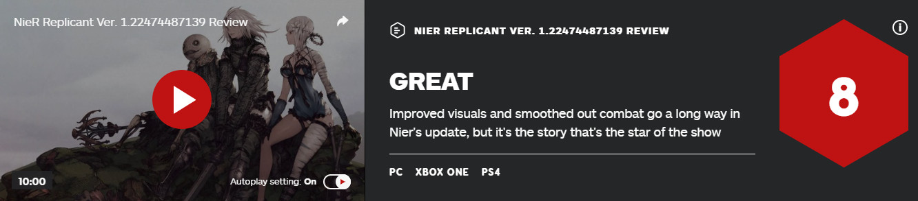 《尼尔：伪装者》首批媒体评分解禁 IGN 8分