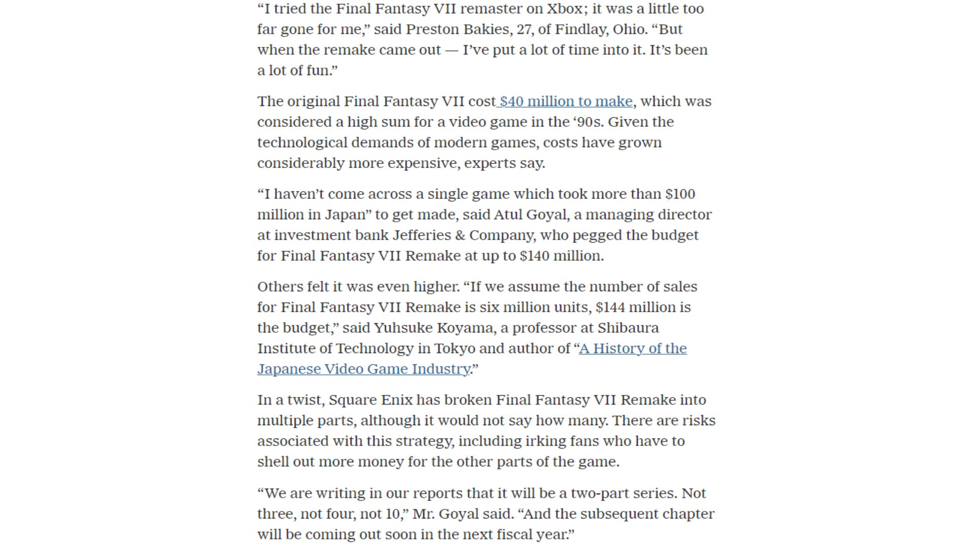 《最终幻想7：重制版》预算高达1.4亿美元