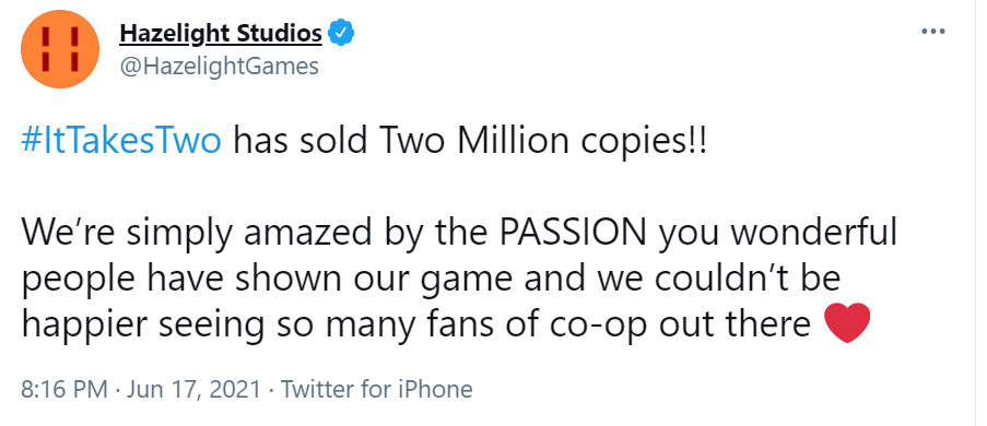 《双人成行》全平台销量超过了200万套