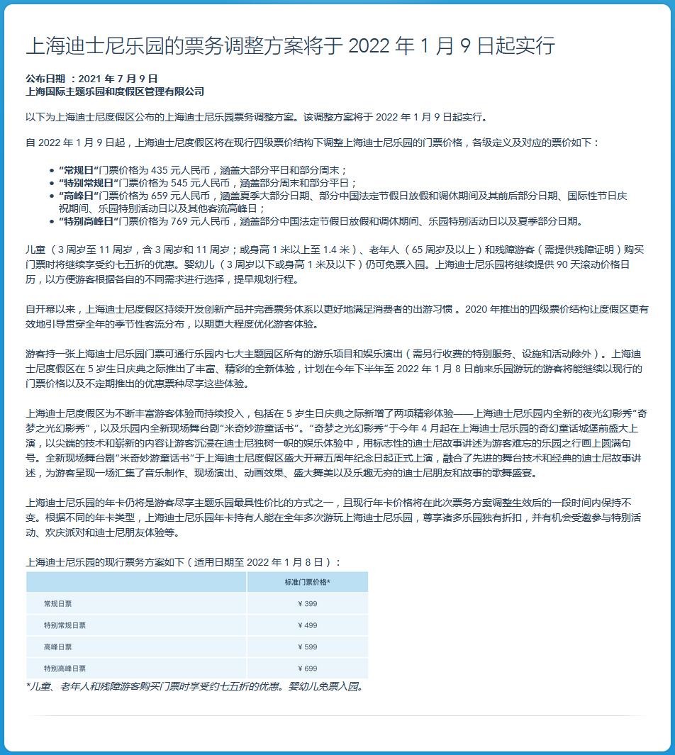 上海迪士尼乐园明年1月上调票价：最高涨至769元