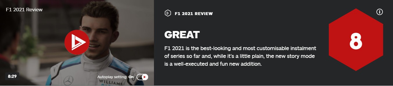 《F1 2021》IGN 8分 最美和自定义最丰富的一作
