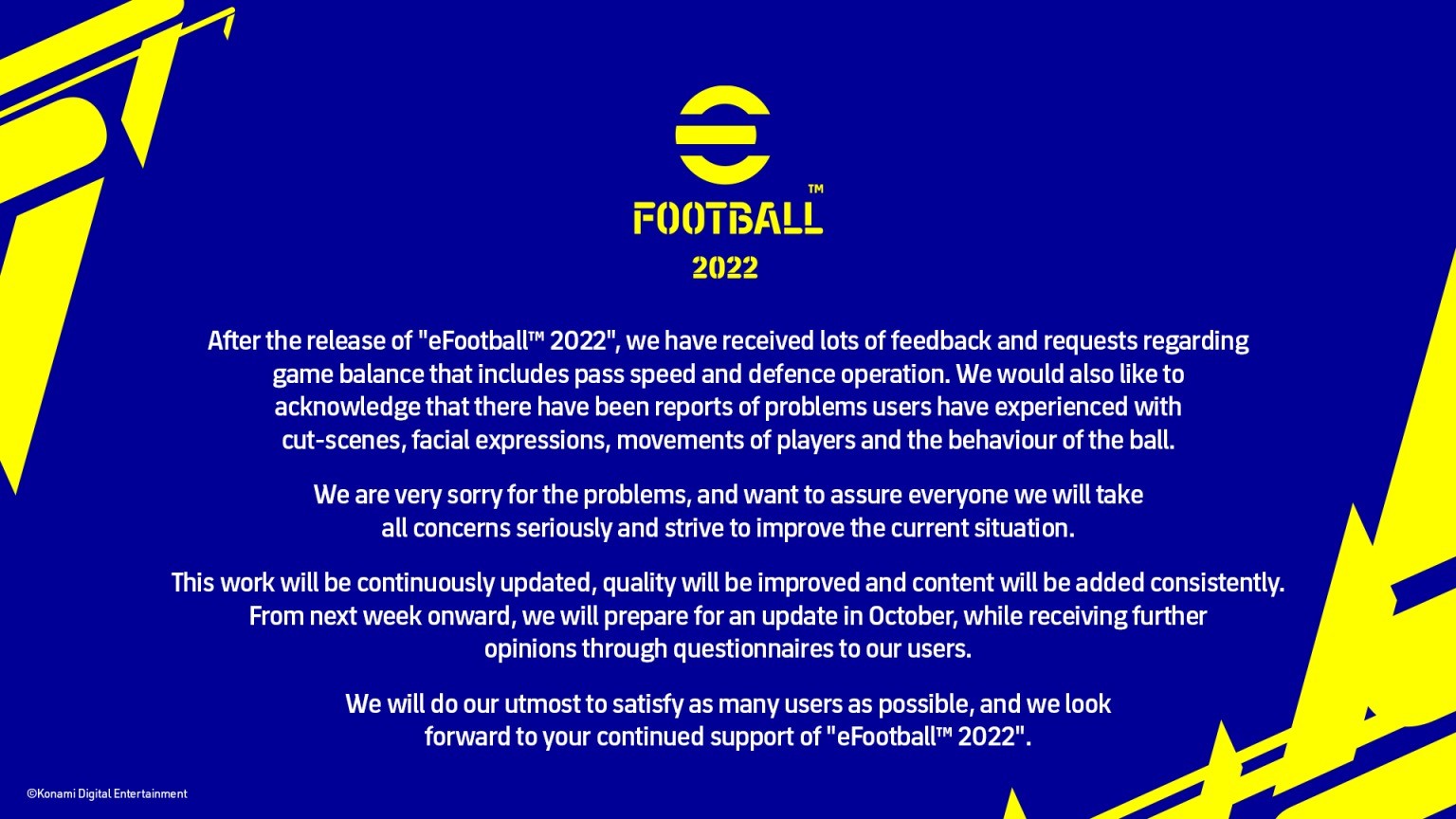 科乐美对《eFootball 2022》糟糕表现发表官方声明