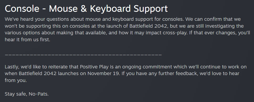 《战地2042》发售时主机版不支持键盘和鼠标