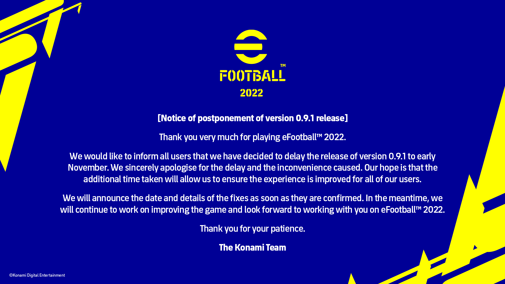科乐美：《eFootball 2022》0.9.1补丁将推迟到11月发布