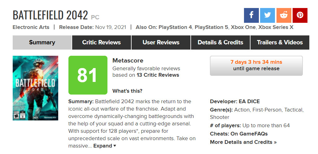 《战地2042》首批媒体评分出炉 GameSpot暂时8分