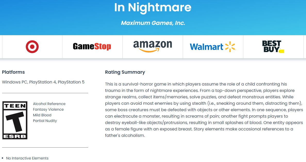 国产恐怖游戏《暗夜长梦》被ESRB评T级 或有PC版