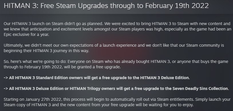 IOI给予《杀手3》Steam玩家补偿：标准版免费升级到豪华版