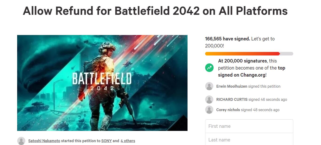 《战地2042》退款请愿签名人数已经突破十六万