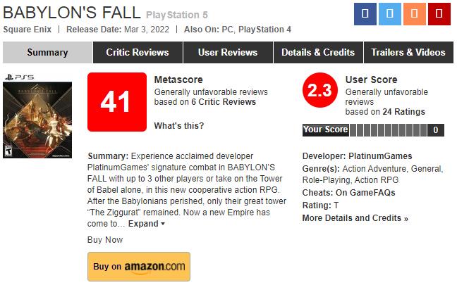 《巴比伦的陨落》Metacritic评分 媒体玩家双差评