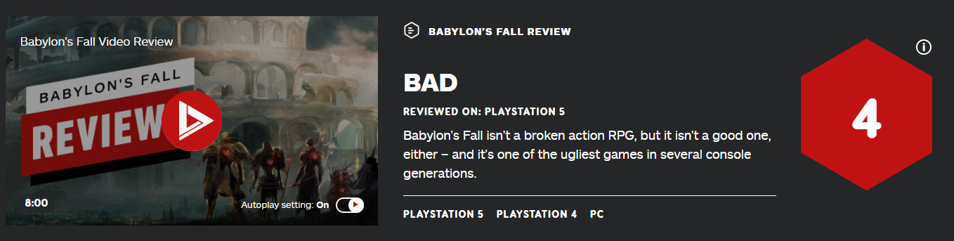 《巴比伦的陨落》IGN 4分 几个世代以来画面最差的RPG之一