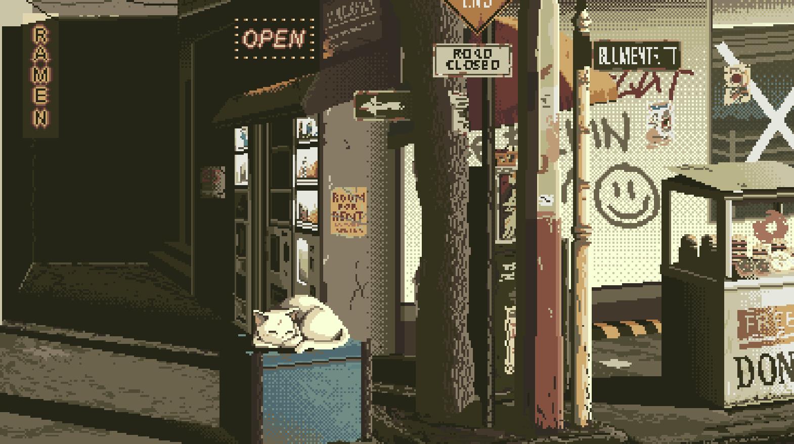 《Wallpaper Engine》街道转角晒太阳的小猫像素风动态壁纸