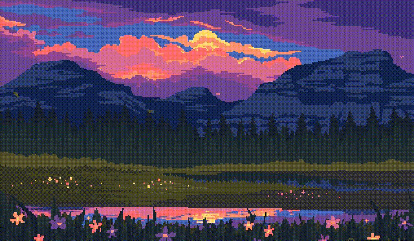 《Wallpaper Engine》河畔高山和夕阳像素风动态壁纸