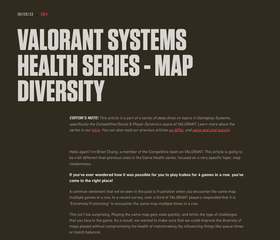 拳头称《Valorant》地图重复出现问题现已解决