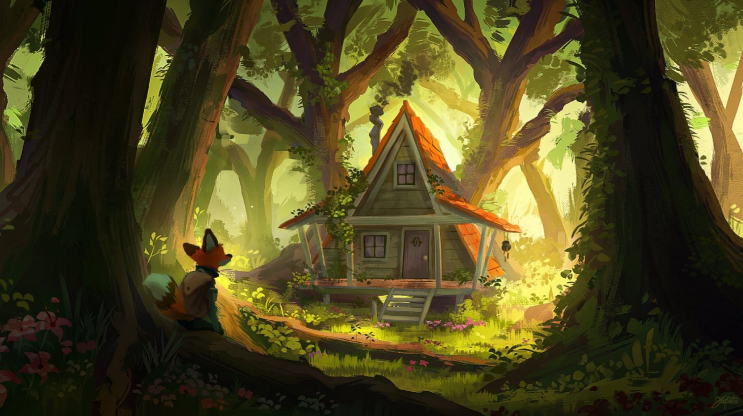 《Wallpaper Engine》绘图风狐狸与森林小屋动态壁纸