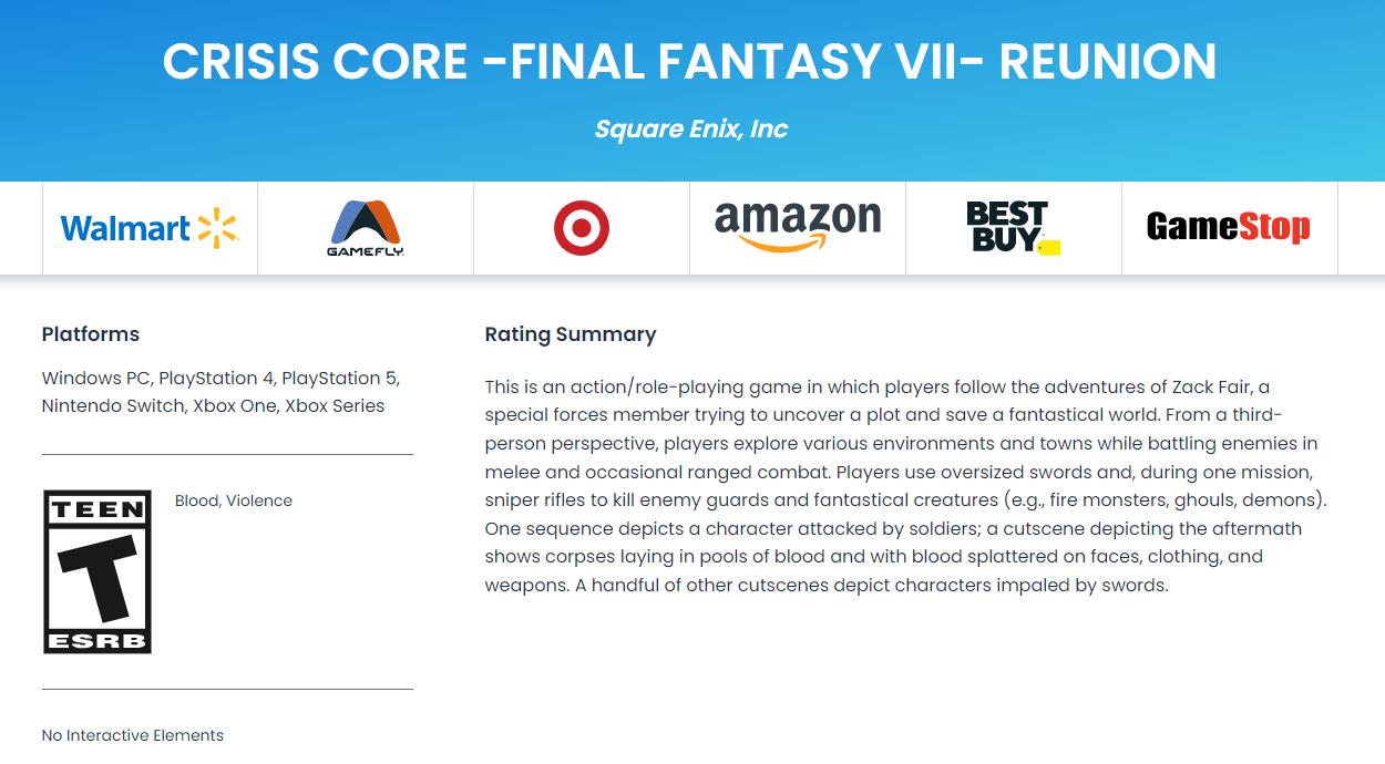 《最终幻想7：核心危机 再融合》通过ESRB评级 审查尺度更严格