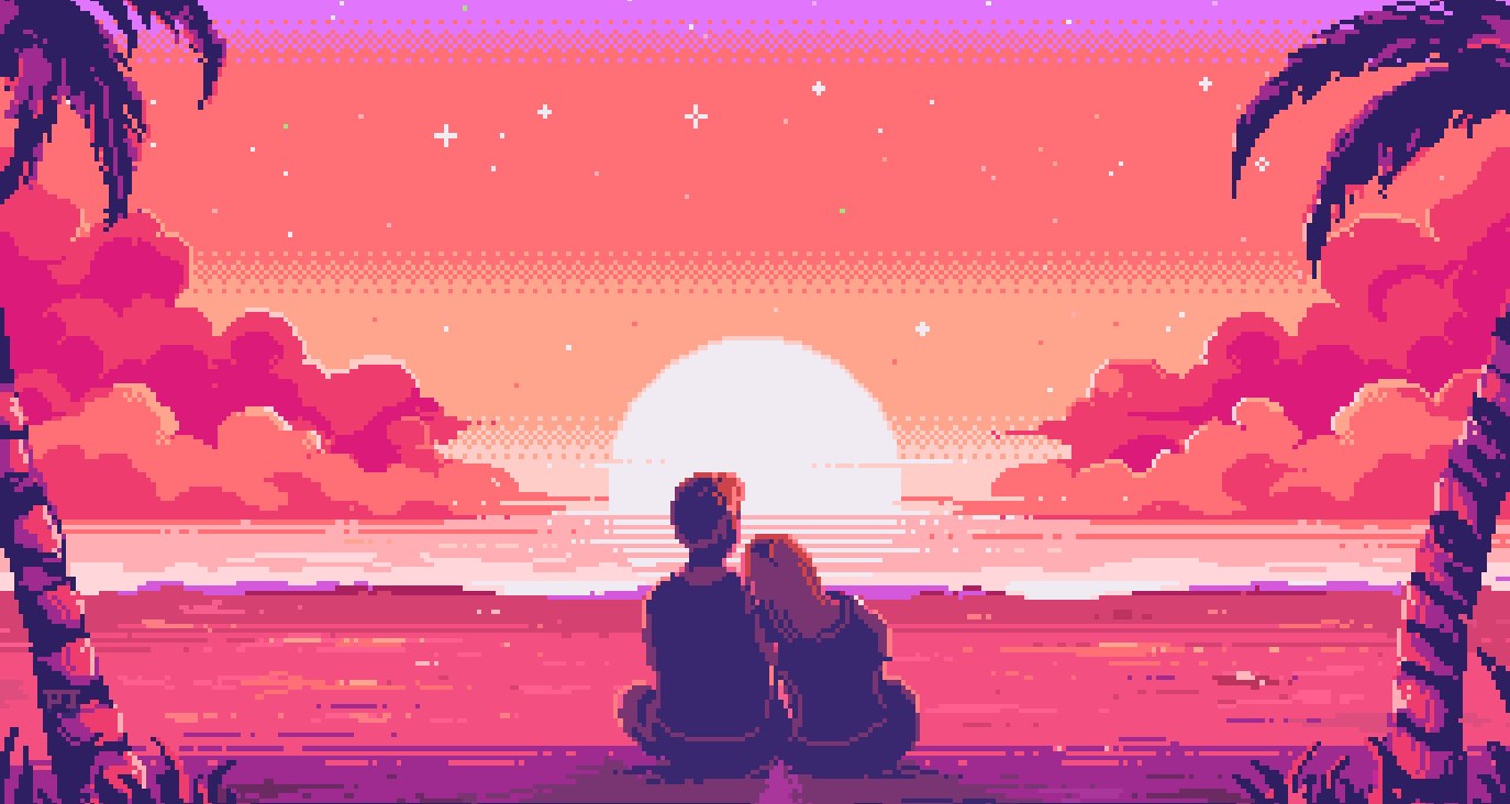 《Wallpaper Engine》8Bit像素风夕阳海边与情侣动态壁纸