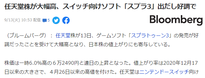 任天堂宣布股价大涨 因《斯普拉遁3》热卖300多万份