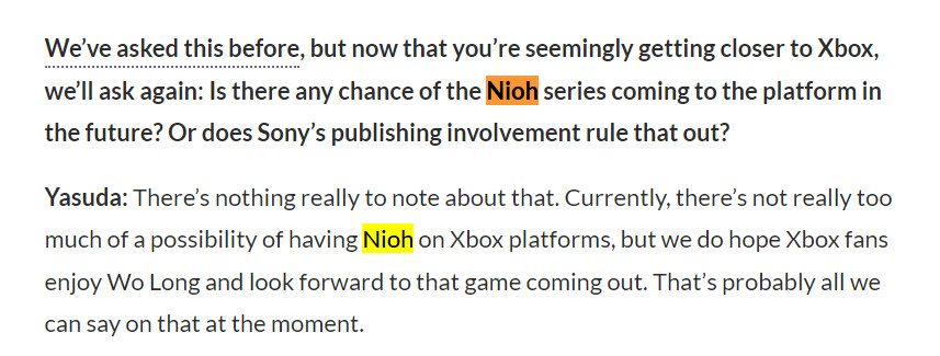 Team Ninja：《仁王》不太可能登陆Xbox平台