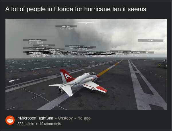 大量《微软飞行模拟》玩家勇闯美国佛州飓风“伊恩”