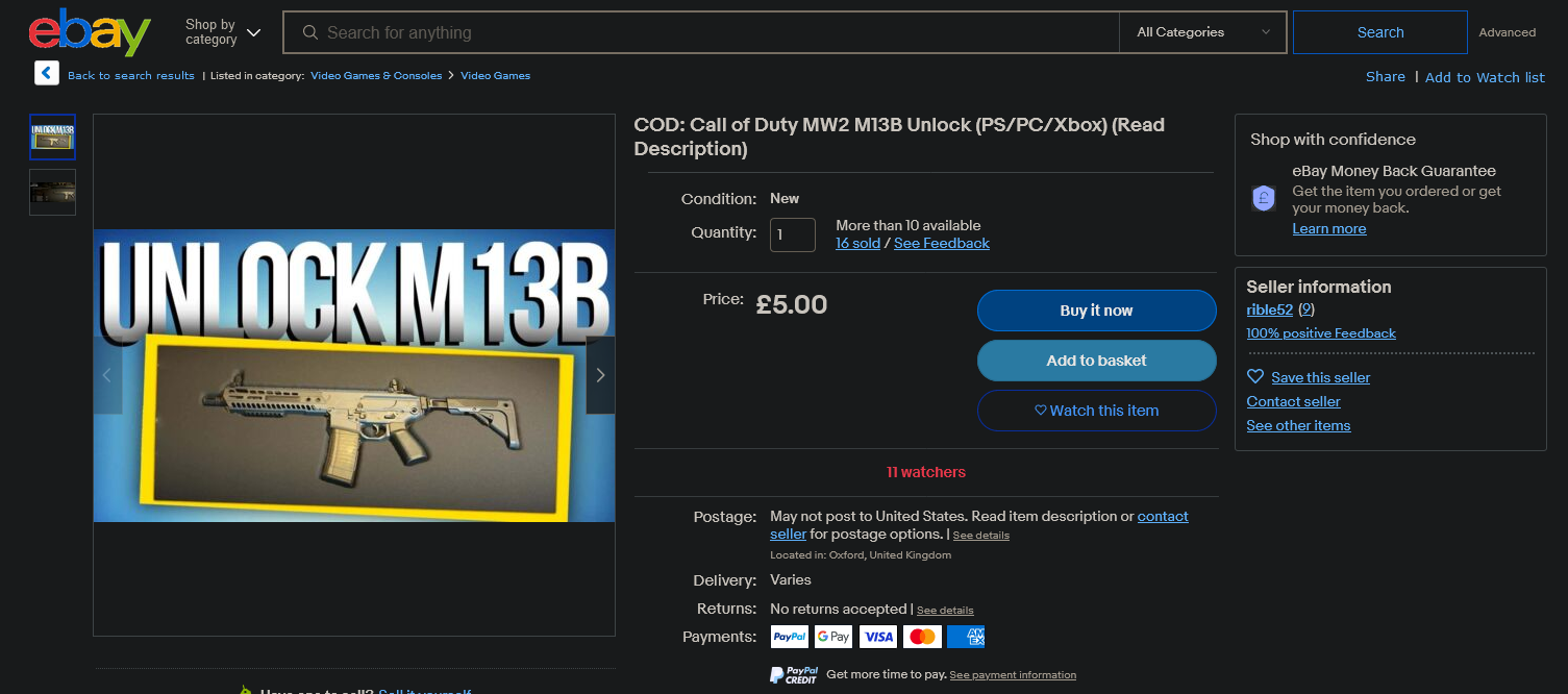《战区2.0》玩家eBay买游戏内武器：比解锁更容易