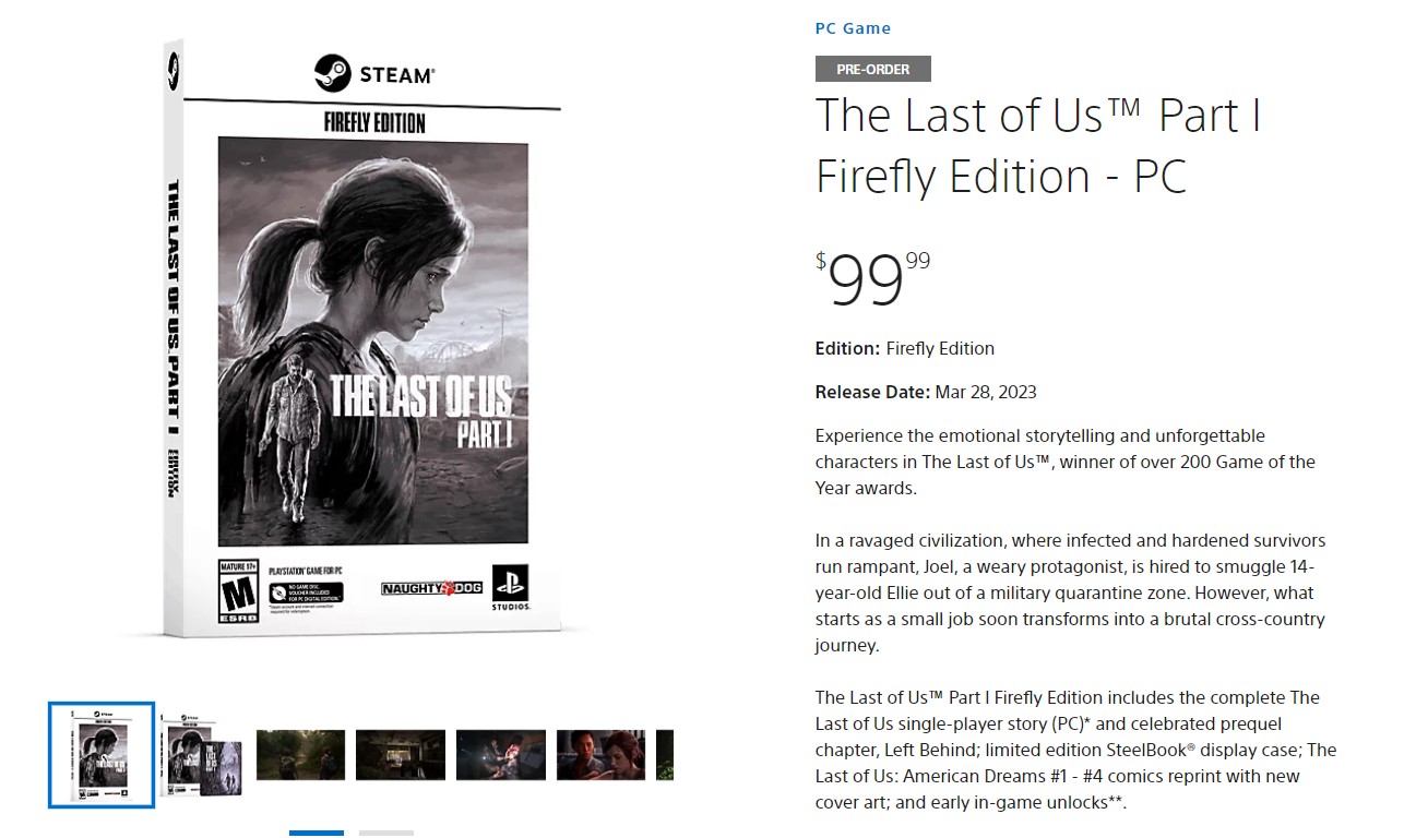 《最后的生还者Part1》PC火萤版开启预购 售价100刀