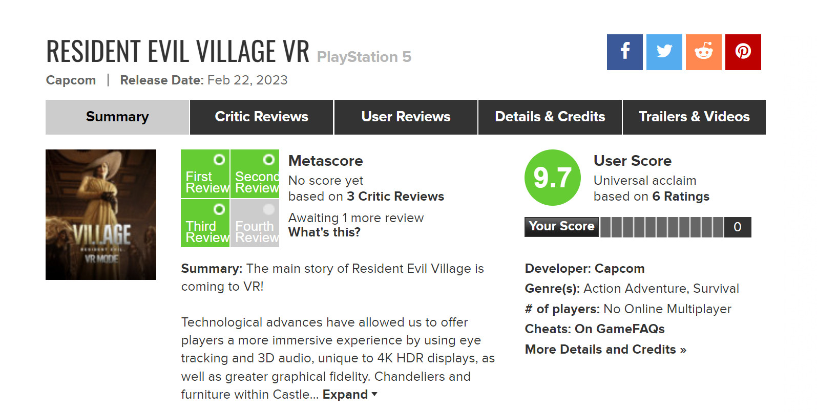 《生化危机8 VR》IGN 8分 MTC用户评分9.7分