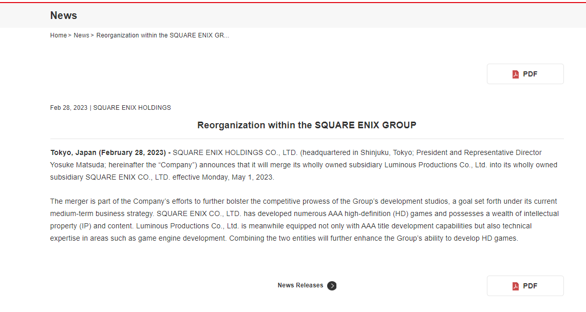 SE宣布《魔咒之地》工作室将于5月1日并入SE本社