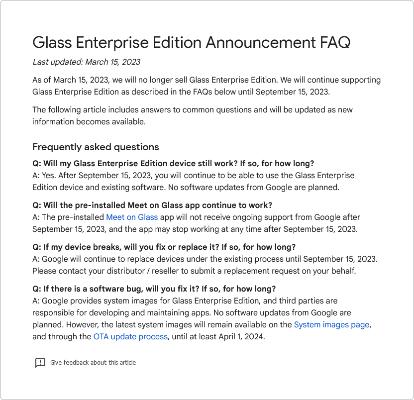 智能眼镜旧时代落幕：谷歌眼镜企业版将于9月停止支持