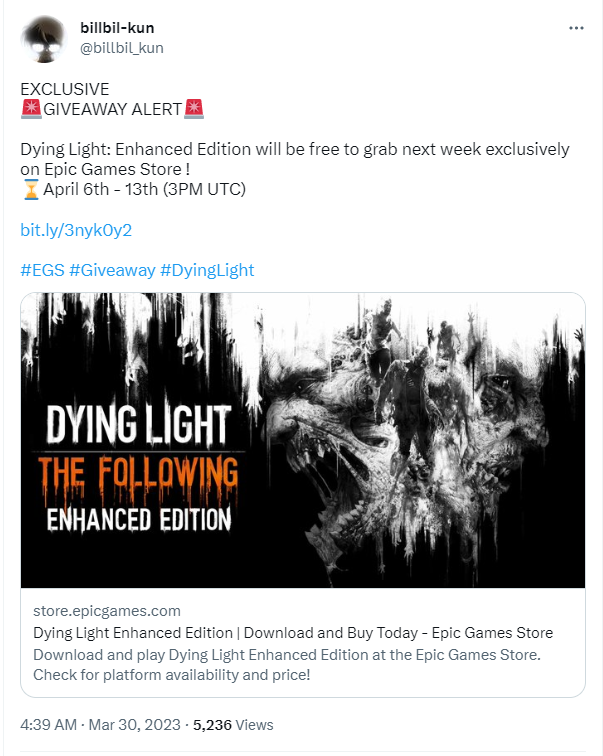 知名爆料人：Epic下周将免费送出《消逝的光芒》增强版