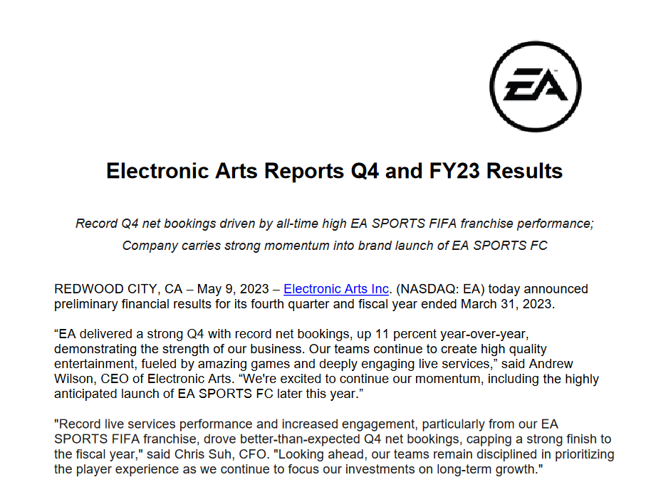 EA财报：2022财年收入达74亿 Q4《FIFA》预订量增长3成