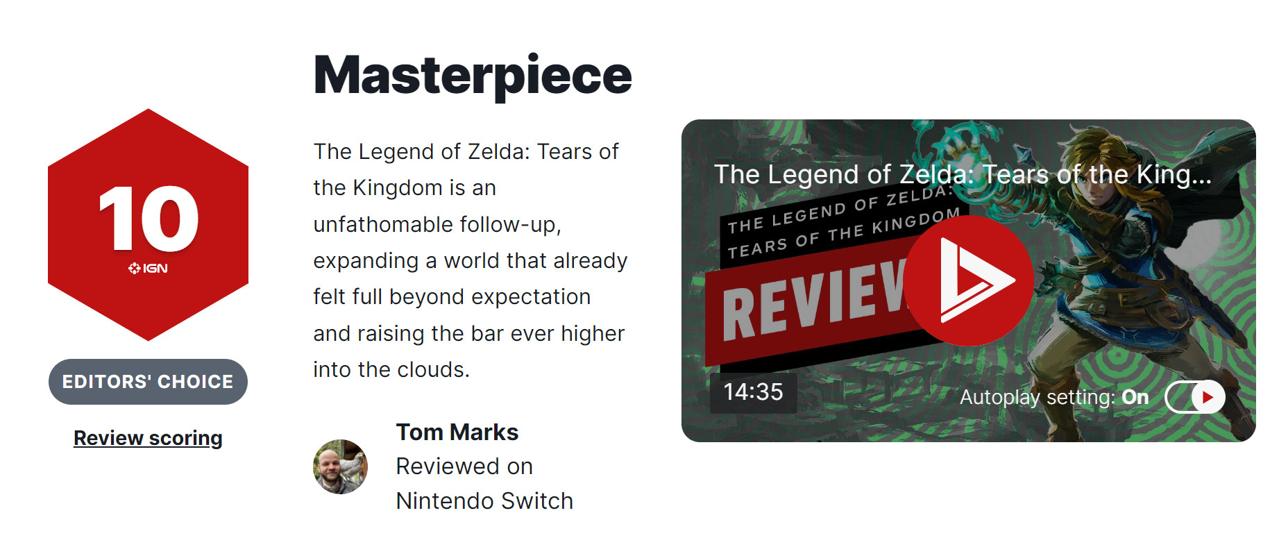 《塞尔达传说：王国之泪》评分解禁 IGN 10分