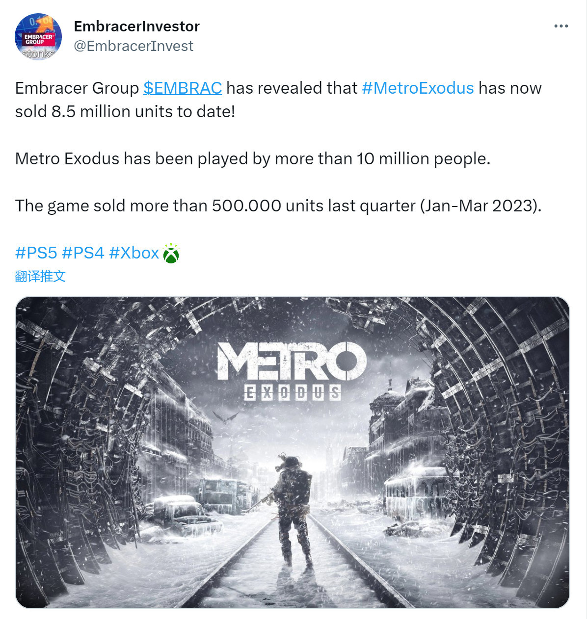 《地铁：逃离》发售四年 游戏销量超过850万