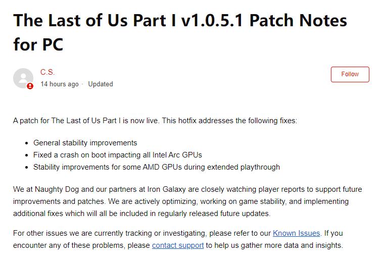《最后的生还者Part1》PC版新补丁上线 稳定性改进